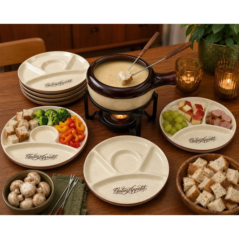Vintage‎ Guten Appetit Divided Fondue Plates Set of 5 Speckled Ceramic 9 Inch